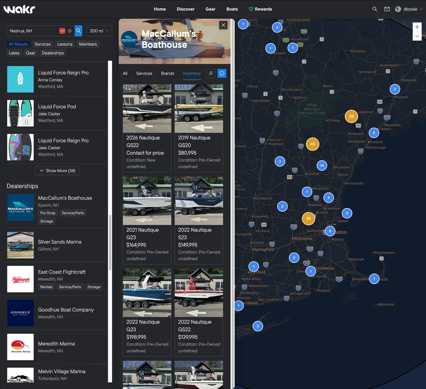 Wakr What's Local map showing nearby dealers, boats, and wake community activity