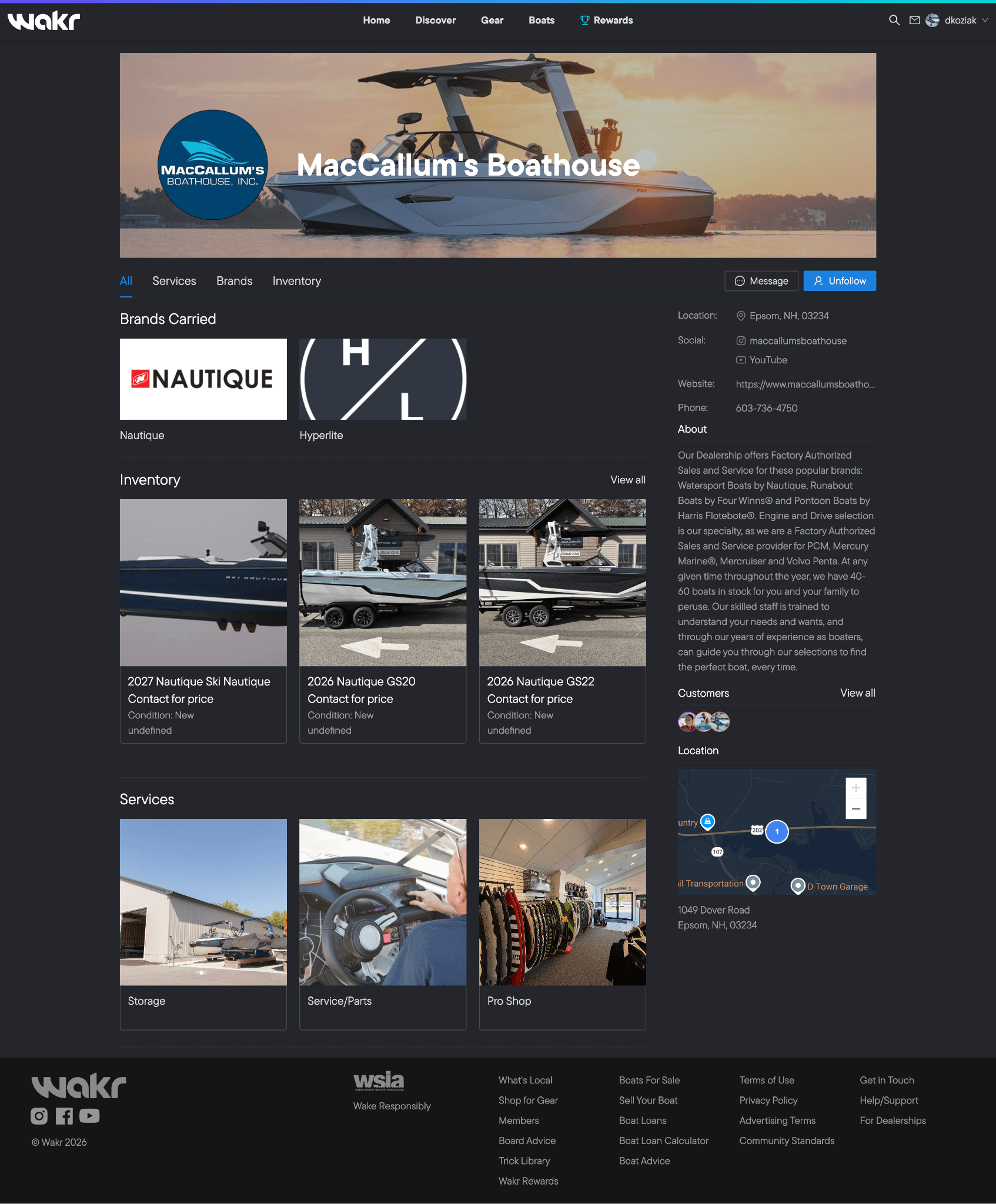 Wakr dealer profile with inventory, brands, services, and contact paths