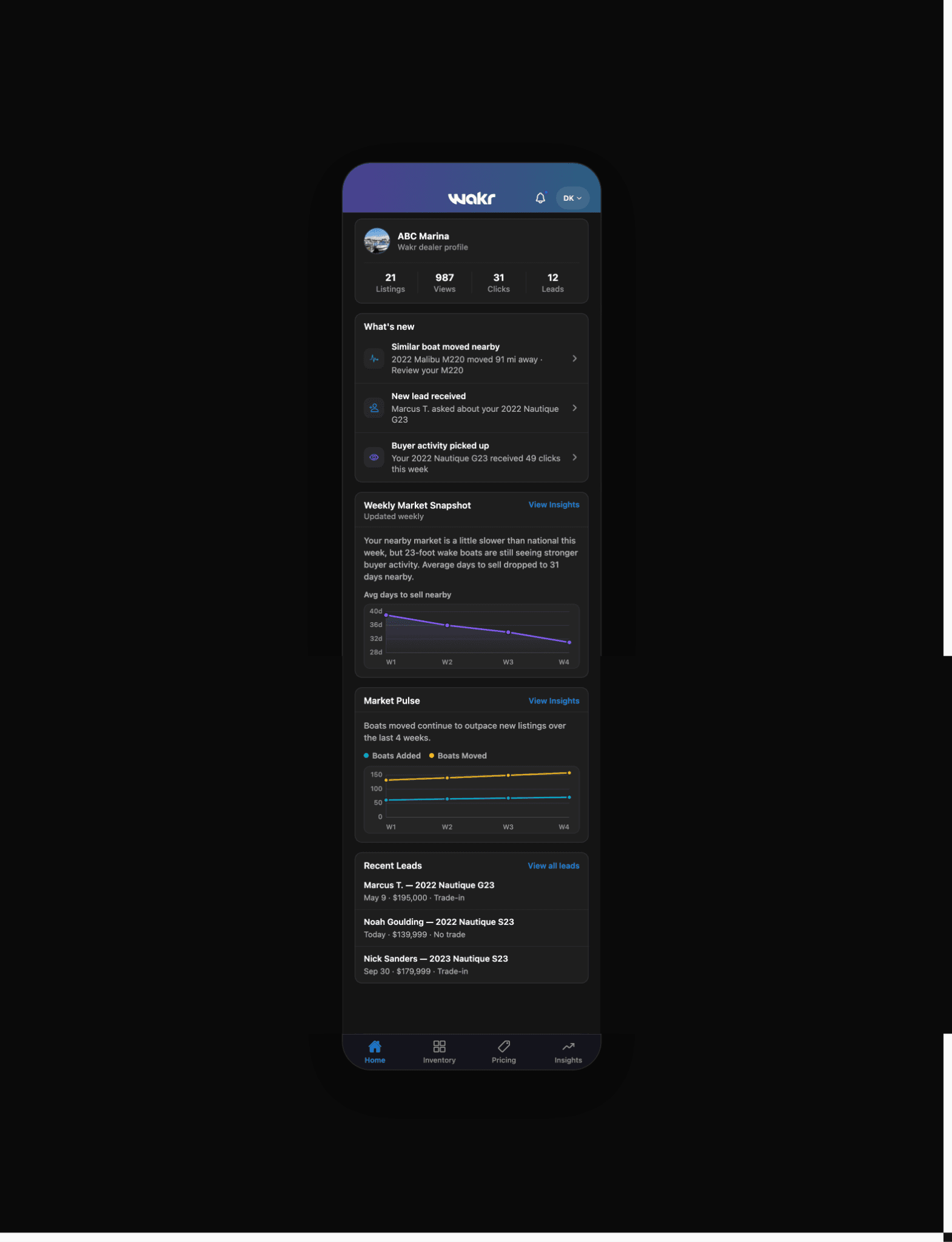 Wakr dealer mobile home screen